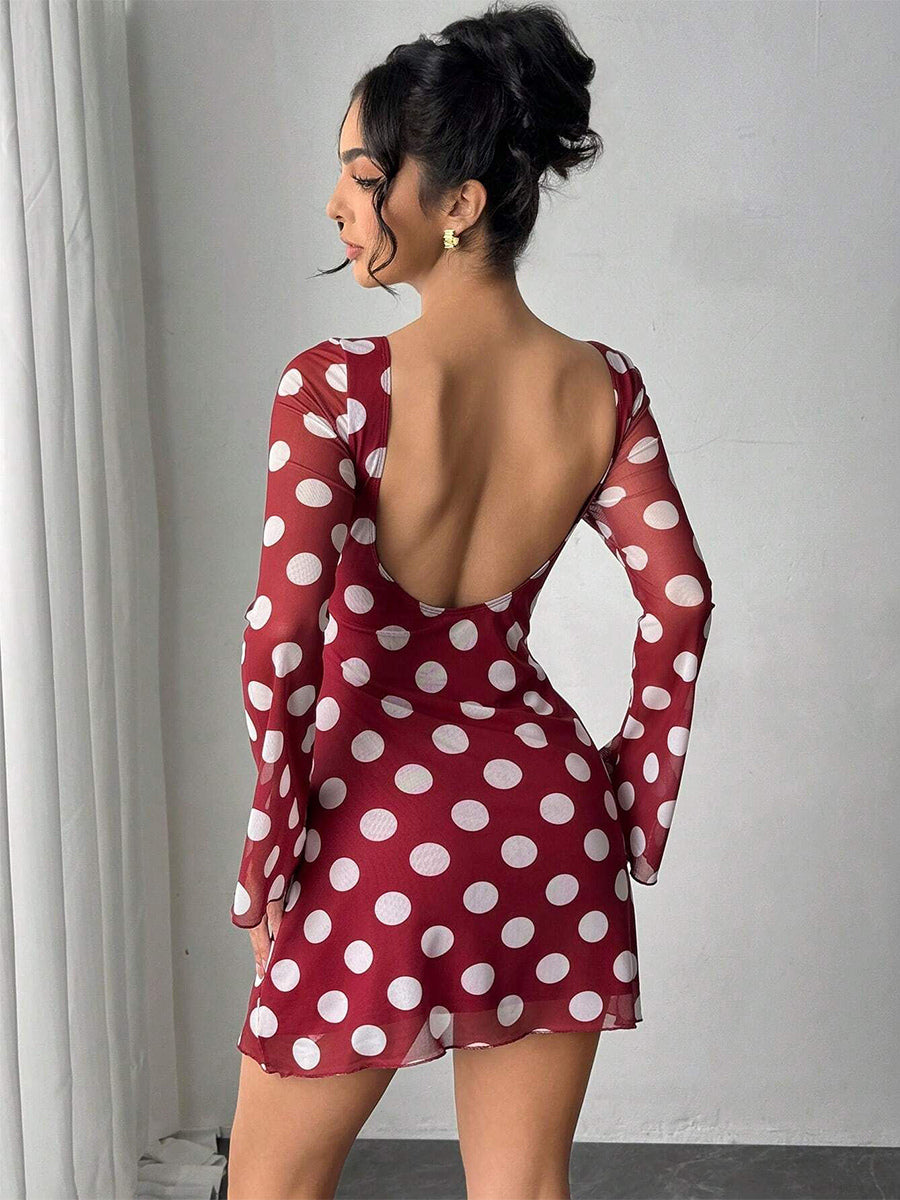 Polka Dot Long Sleeve Backless Slim Fit Mini Dress For Women 2026