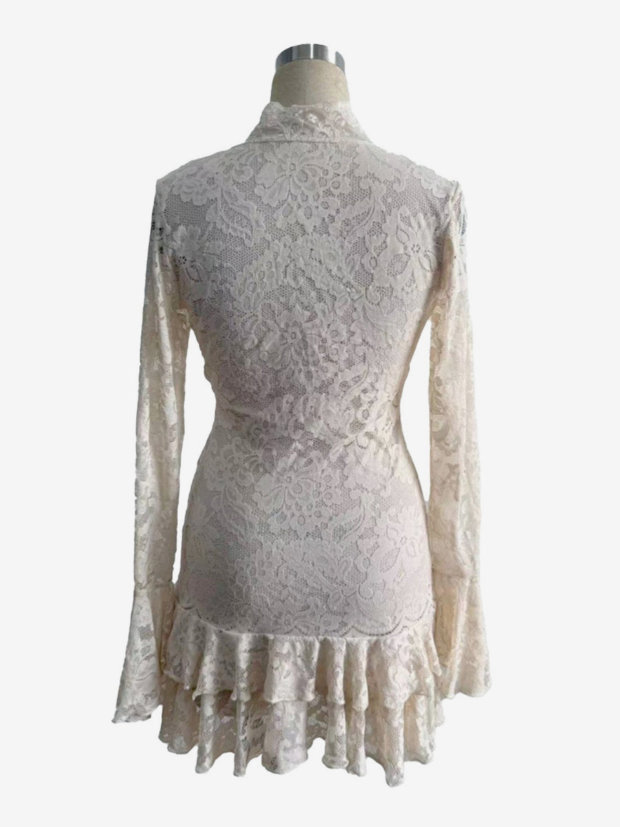 V Neck Lace Layered Ruffle Hem Long Sleeve Mini Dress For Women 2026