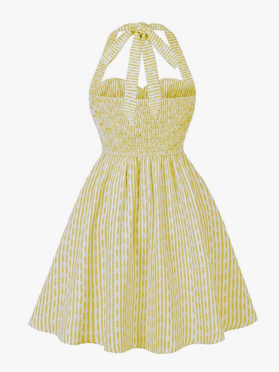 Striped Halter Neck Floral Print A Line Summer Sundress For Women 2026