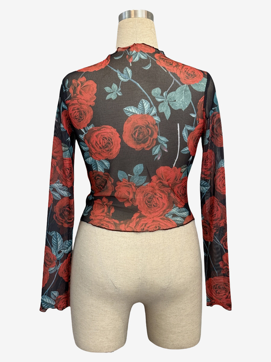 Vintage Rose Floral Print Lettuce Trim Mesh Long Sleeve Skinny Top For Women 2026