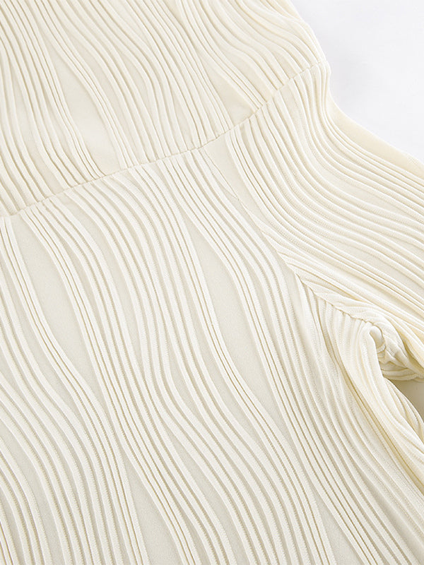Pleated Off Shoulder Women's Maxi Dress - Elegant Cream Textured Bodycon Gown - Long Sleeve Party Wear 2026