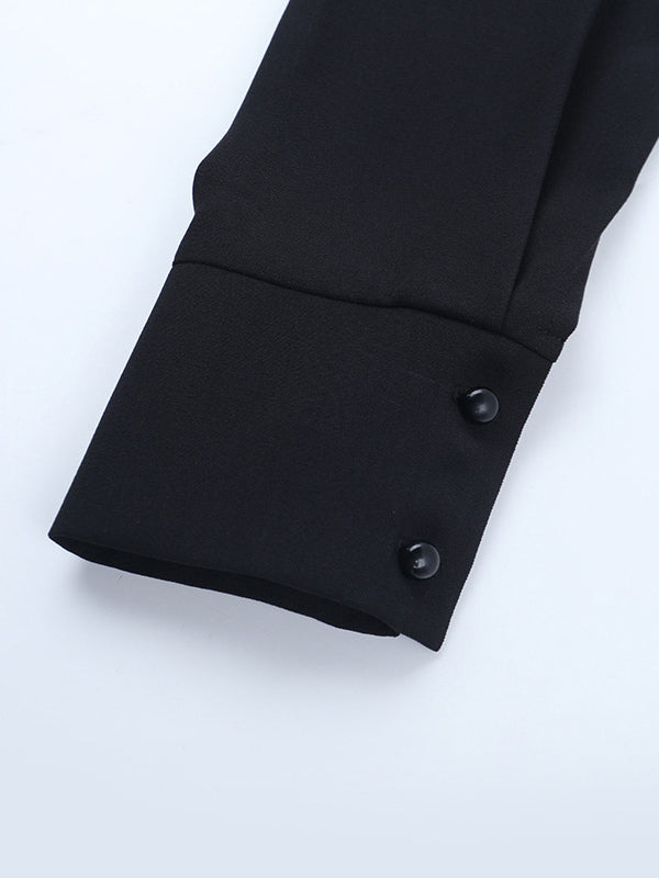 Tie Front Cutout Shirt Dress For Women - Black Long Sleeve Ruffle Hem Mini Dress - Spring Streetwear 2026