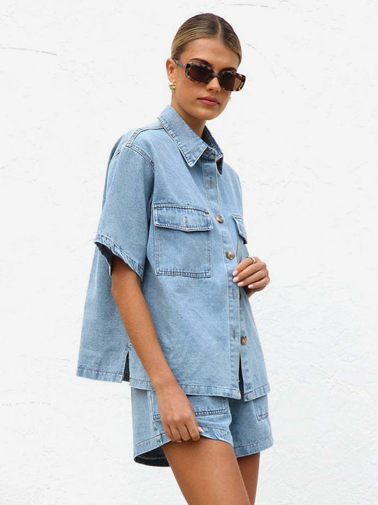 Medium Washed Denim 2 Piece Set For Women - Drawstring Shorts With Button Up Shirt - Summer Casual Vacation Outfits 2026