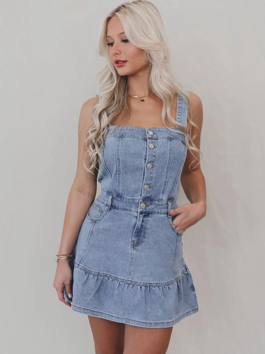 Ruffle Hem Denim Dress For Women - Light Blue Sweet Y2K Button Up Mini Dress - Summer Beach Festival Party Outfit 2026