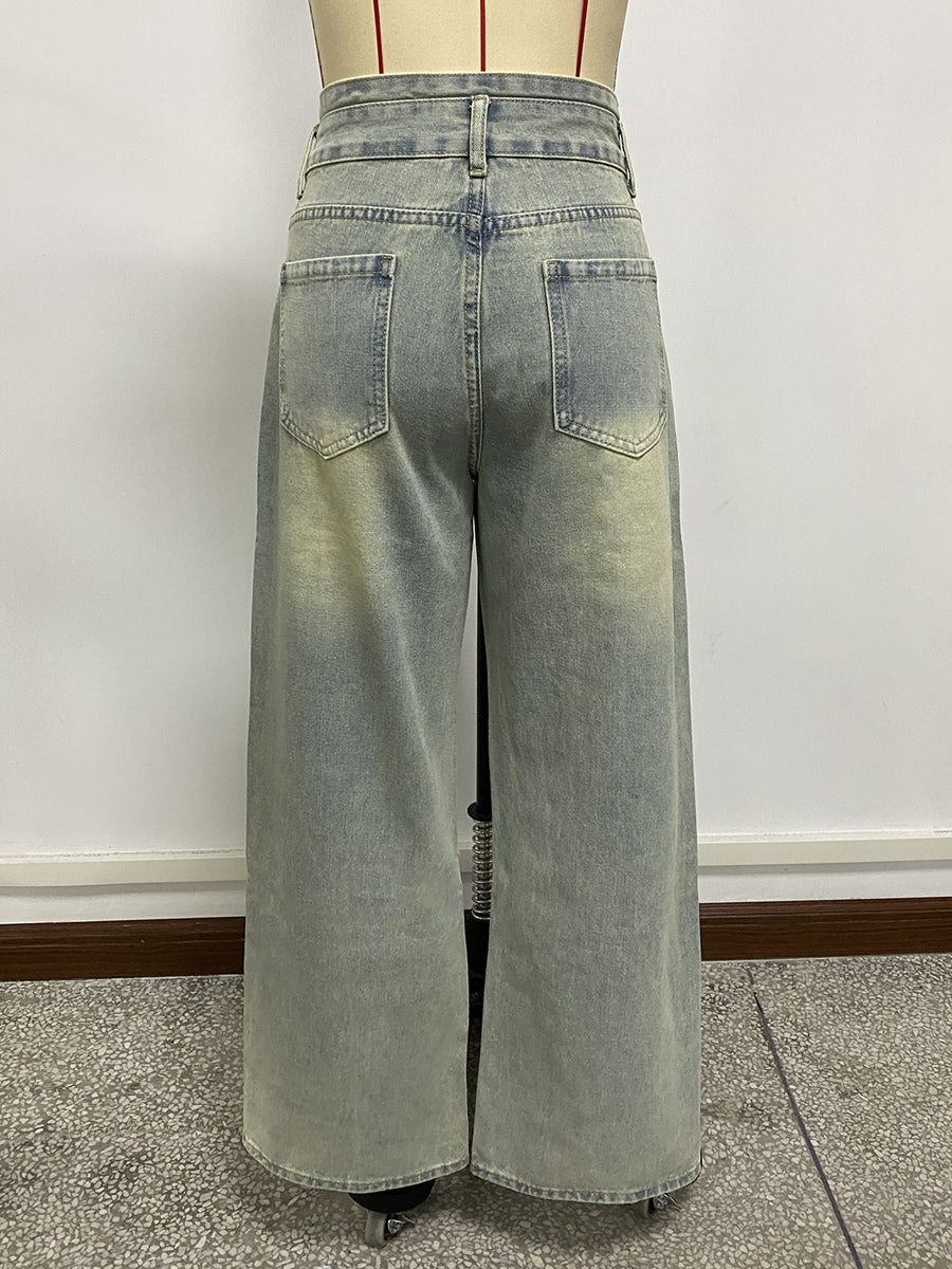 High Rise Baggy Jeans For Women - Light Blue Dirty Effect Wide Leg Washed Denim Pants - Spring Music Festival 2026