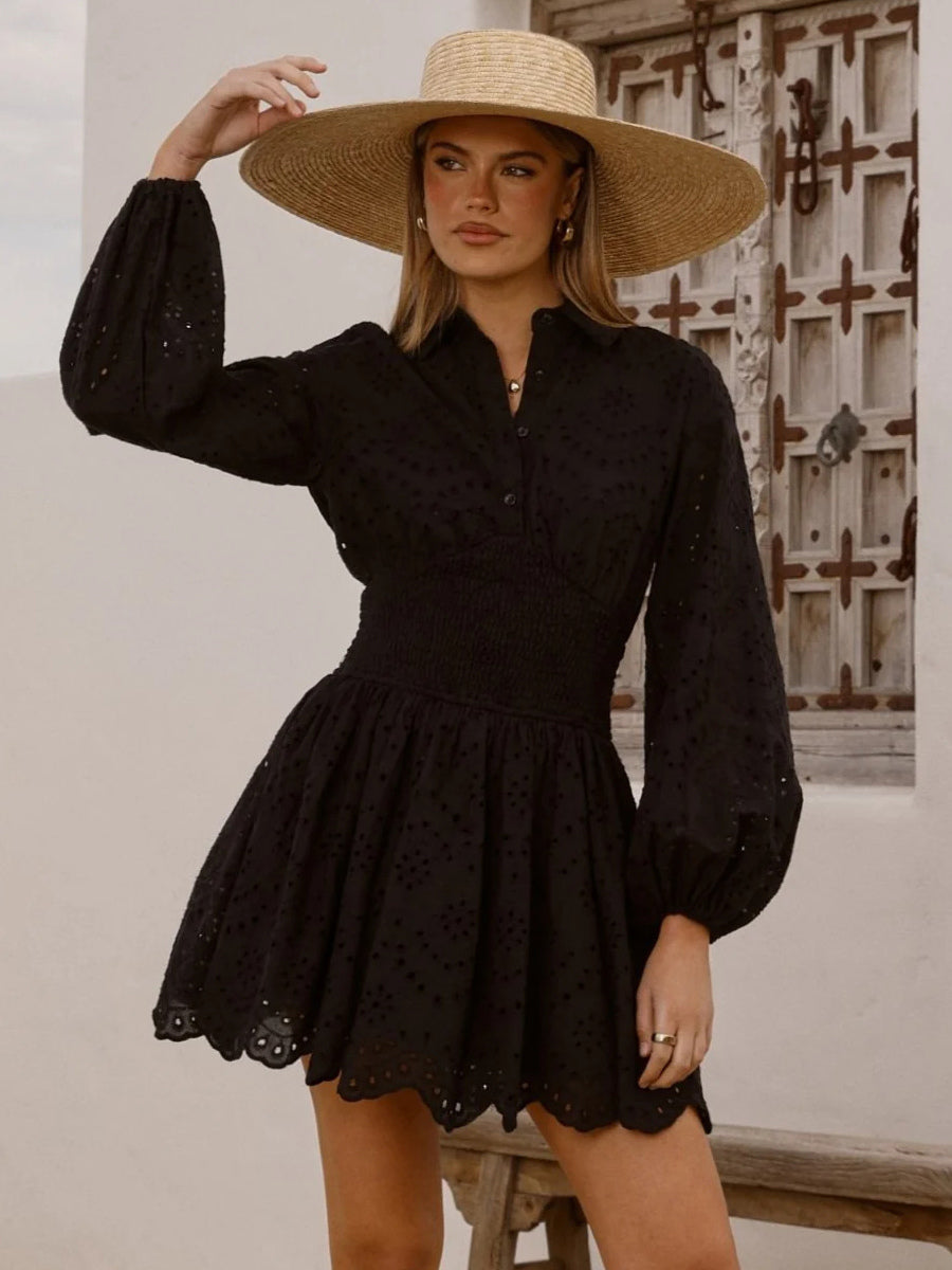 Eyelet Long Sleeve Mini Dress For Women - Boho Smocked Waist Flare Hem Skater Dress - Spring Beach Vacation 2026