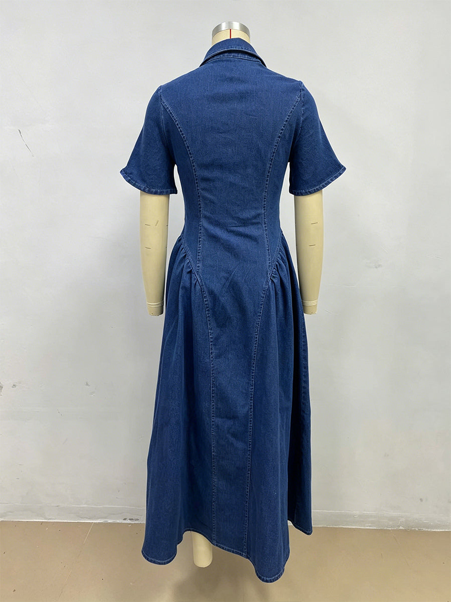 Button Front Denim Long Dress For Women - Dark Blue Boho A-Line Fit And Flare Short Sleeve Jean Dress - Summer Daily Casual 2026