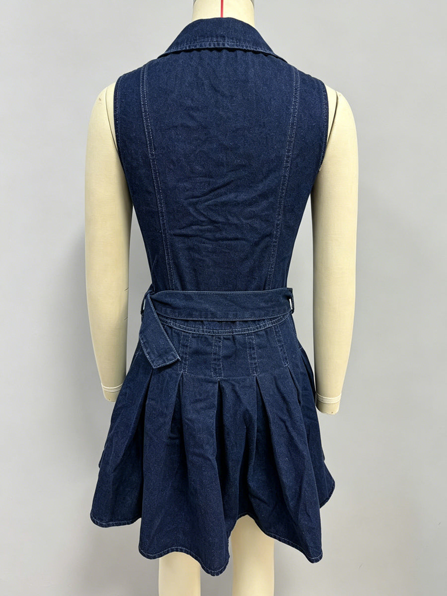 Sleeveless Denim Mini Dress For Women - Y2K Pleated Belted Button Up Jean Skater Dress - Summer Casual Picnic 2026
