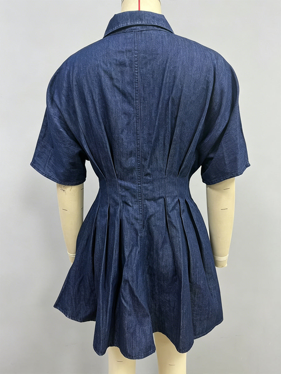 Short Sleeve Mini Denim Dress For Women - Dark Blue Pleated Waist Button Down Jean Shirt Dress - Summer Casual Party 2026