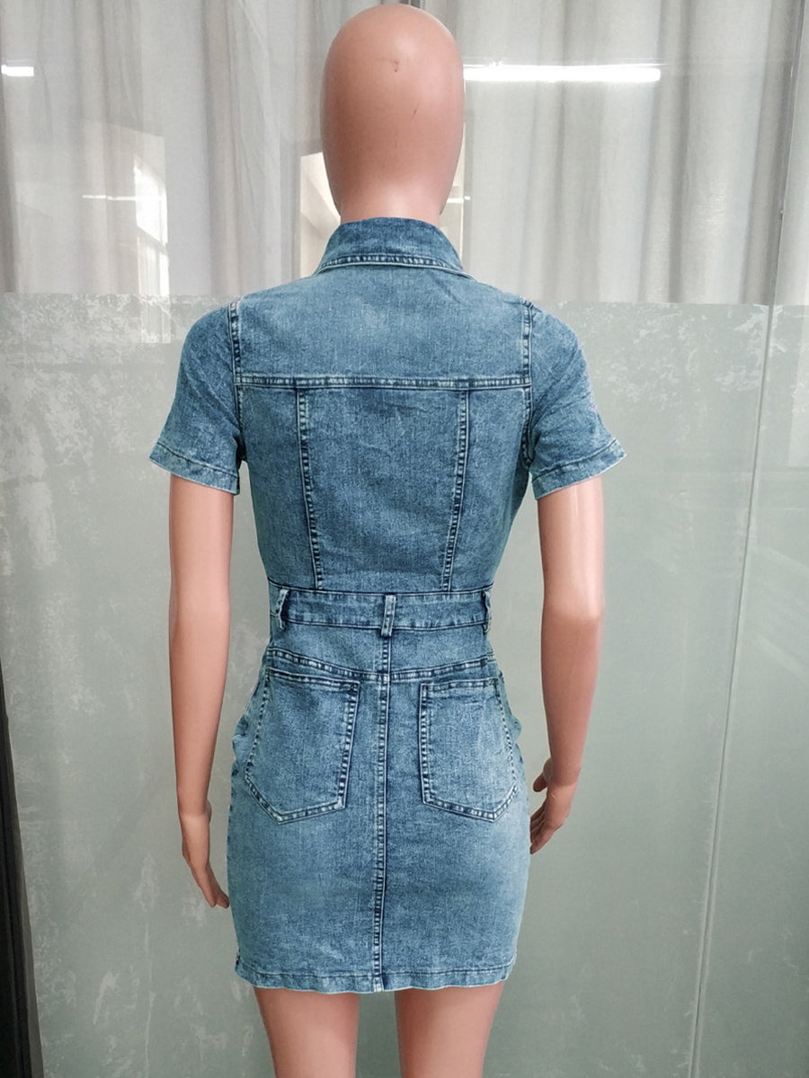 Short Sleeve Denim Dress For Women - Medium Wash Streetwear Button Up Bodycon Mini Jean Dress - Spring Night Out 2026