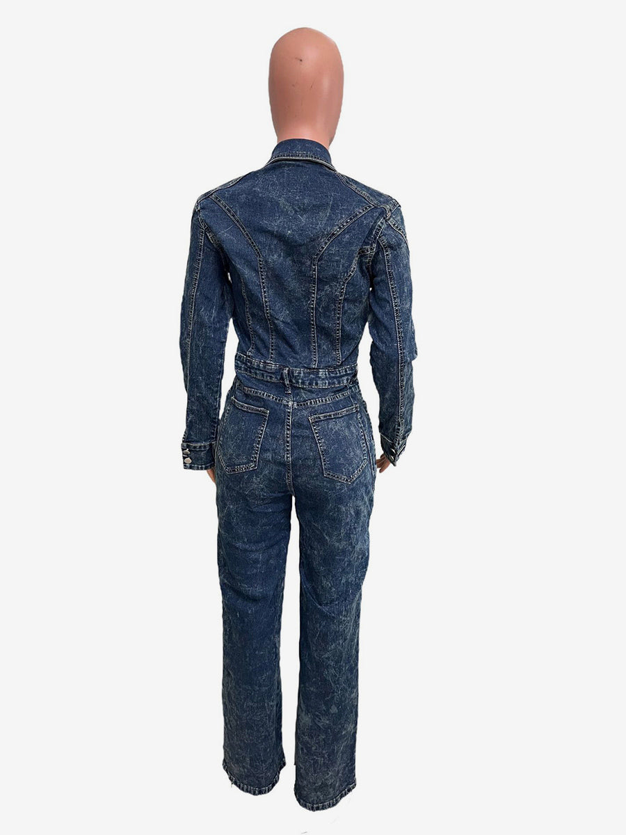 Long Sleeve Denim Jumpsuit For Women - Dark Wash Vintage Button Up Wide Leg Bodycon Playsuit - Spring Streetwear 2026