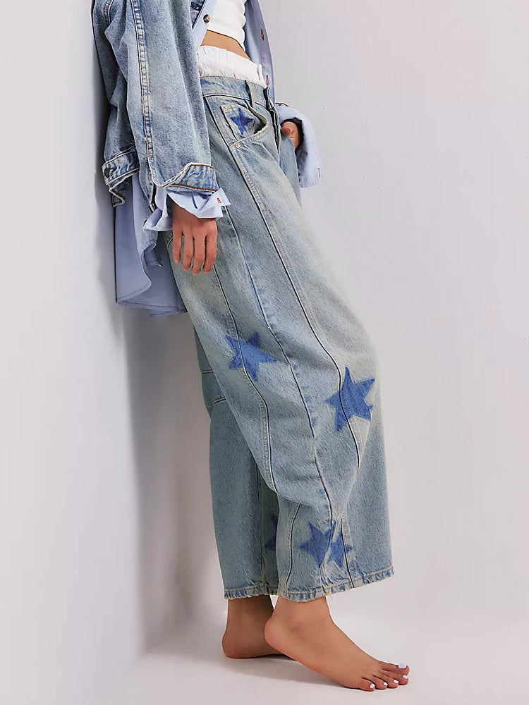 Star Print Barrel Jeans For Women - Light Wash Boho Horseshoe Baggy Denim Trousers - Spring Music Festival 2026