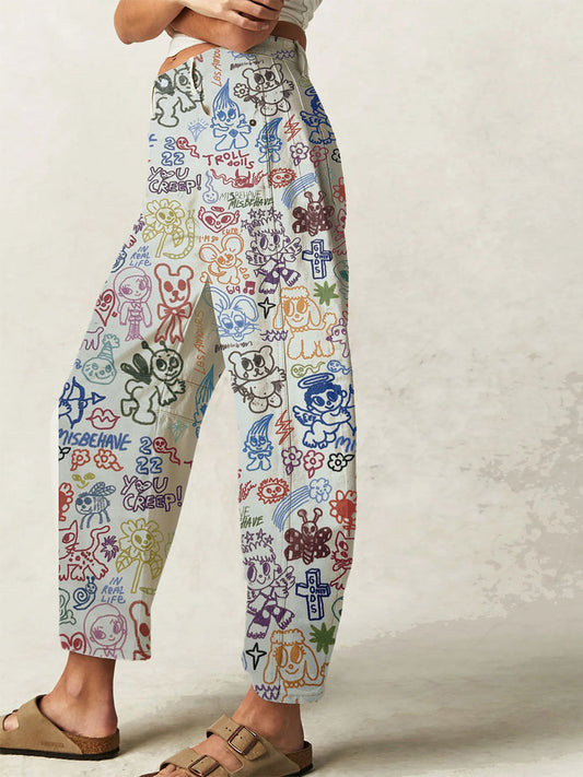 Graffiti Print Barrel Jeans For Women - Boho Horseshoe Cut Wide Leg Denim Trousers - Spring Picnic Outfit 2026