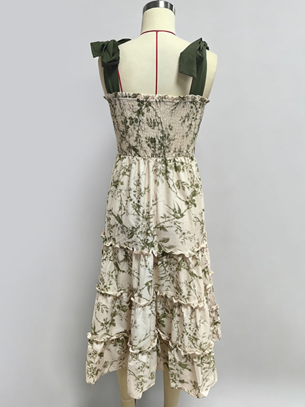 Floral Smocked Midi Dress For Women - Sage Green Boho Tie Shoulder Tiered Ruffle A-Line Sun Dress - Summer Beach Vacation 2026