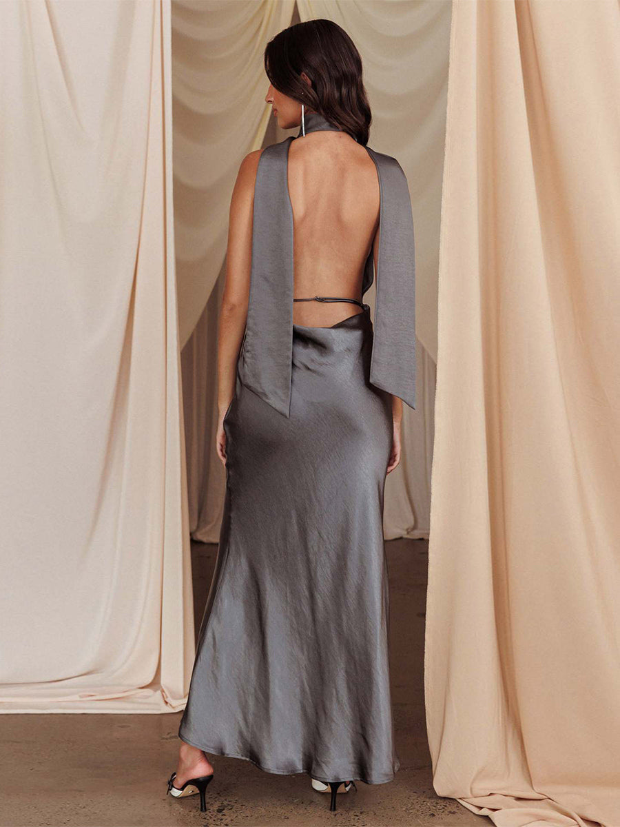 Satin Halter Maxi Dress For Women - Elegant Backless Deep V Neck Mermaid Gown With Scarf - Summer Wedding Guest 2026