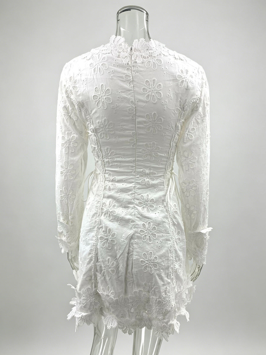 White Eyelet Lace Mini Dress For Women - Boho V Neck Long Sleeve Side Lace-up Fit And Flare Dress - Spring Resort 2026