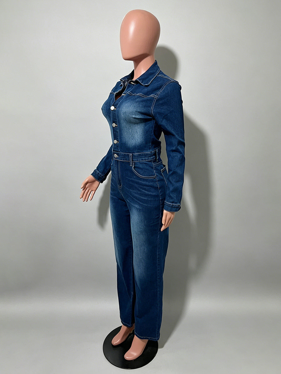 Long Sleeve Denim Jumpsuit For Women - Dark Wash Vintage Slim Fit Straight Leg Button Up Jean Romper - Spring Outdoor 2026