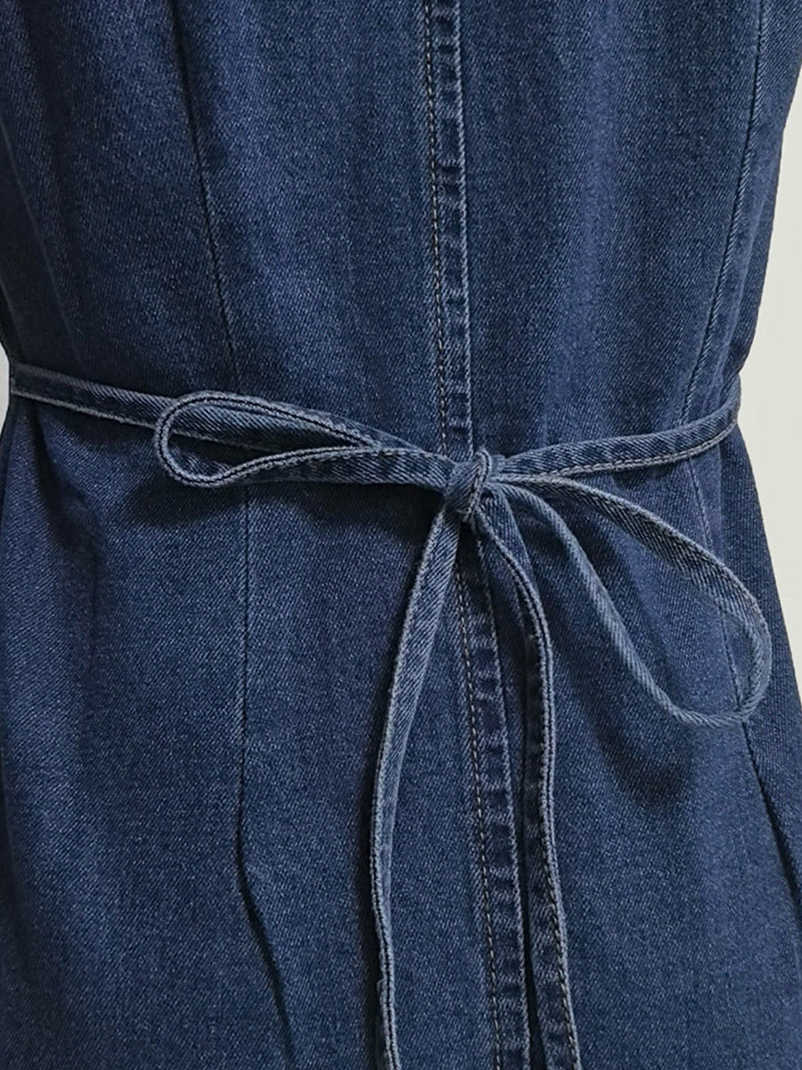 Navy Blue V Neck Sleeveless Denim Mini Dress For Women Retro Chic
