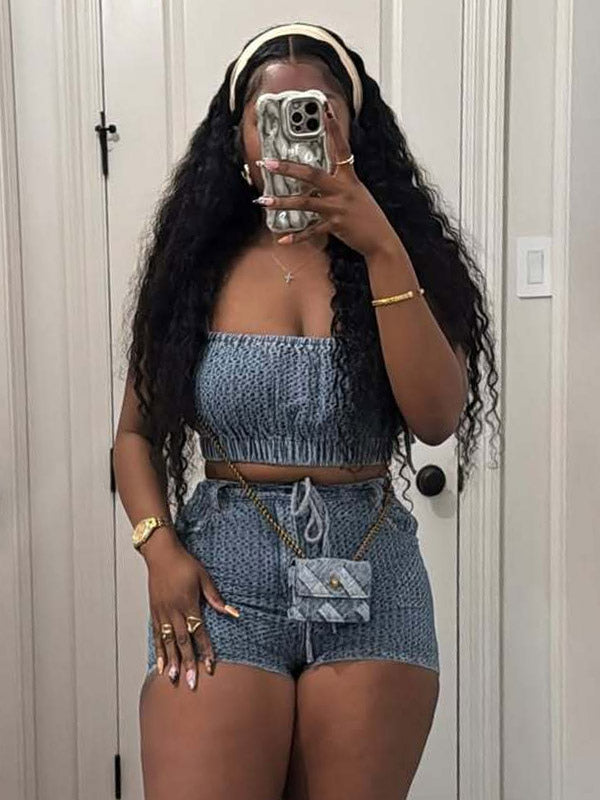 2-Piece Sets Pant Set Blue Sexy Street Wear Denim Straps Neck Sleeveless Sets