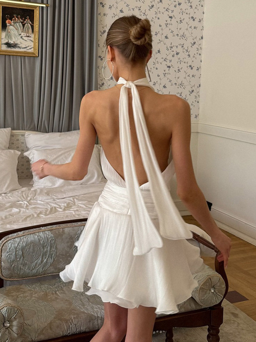Flattering White Halter Mini Dress Ideal For Casual Outings