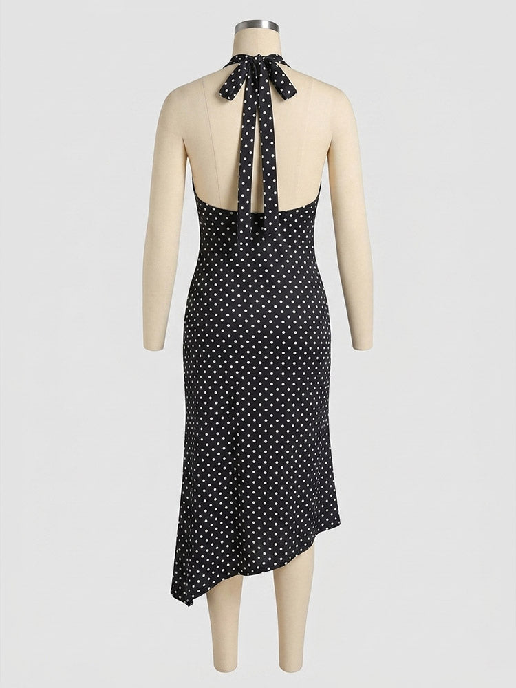 Party Dress Midi Black Halter Sleeveless Polka Dot Semi Formal Summer Dress