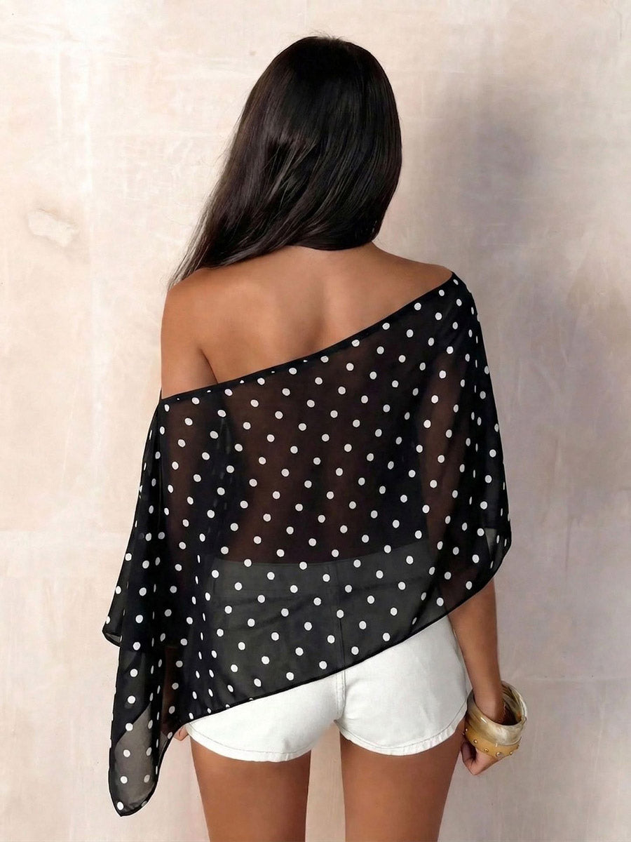 Black Cami Top Notched Neckline Polka Dot Chic Asymmetrical Camis For Women