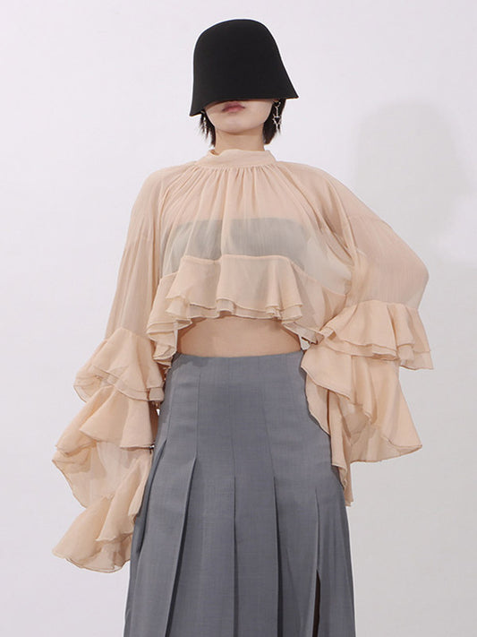 Blouse For Women Salmon Clothes Ruffles Pleated High Collar Chic Long Sleeves Tops