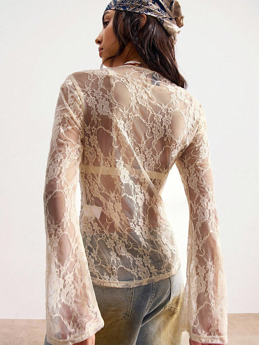 Blouse For Women Apricot Lycra Spandex V-Neck Casual Buttons Lace Long Sleeves Tops