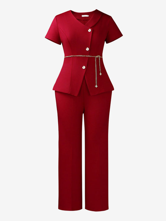 Two Piece Sets Burgundy Chic Daily Casual Chains Polyester V-Neck T-Shirt Sleeves Short Sleeves Pant Set