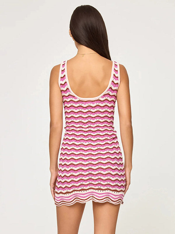 Vacation Dresses Shaping Sleeveless Stripes Scoop Neck Athletic Pink Dress