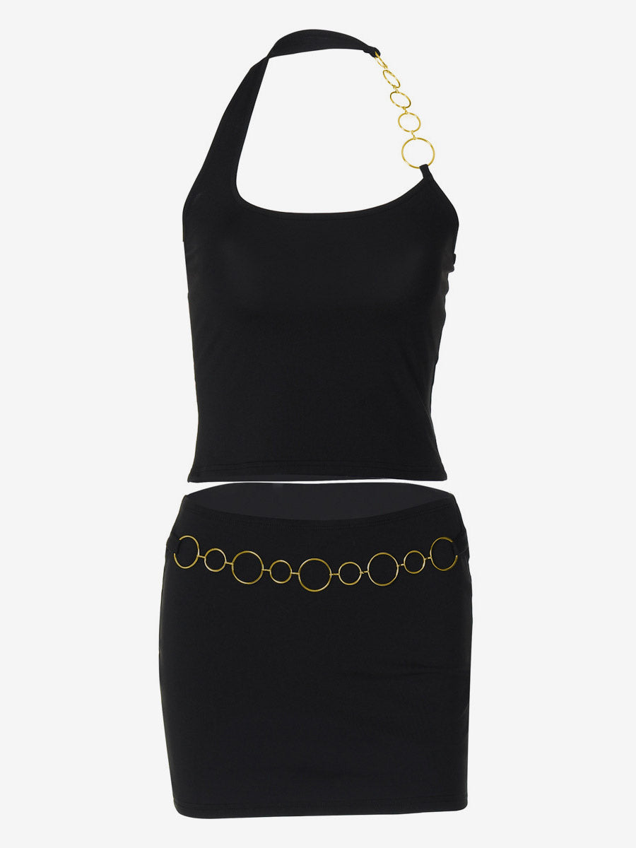 Two Piece Sets Black Resort Wear Chains Sexy Halter Asymmetrical Sleeveless Skirt Set