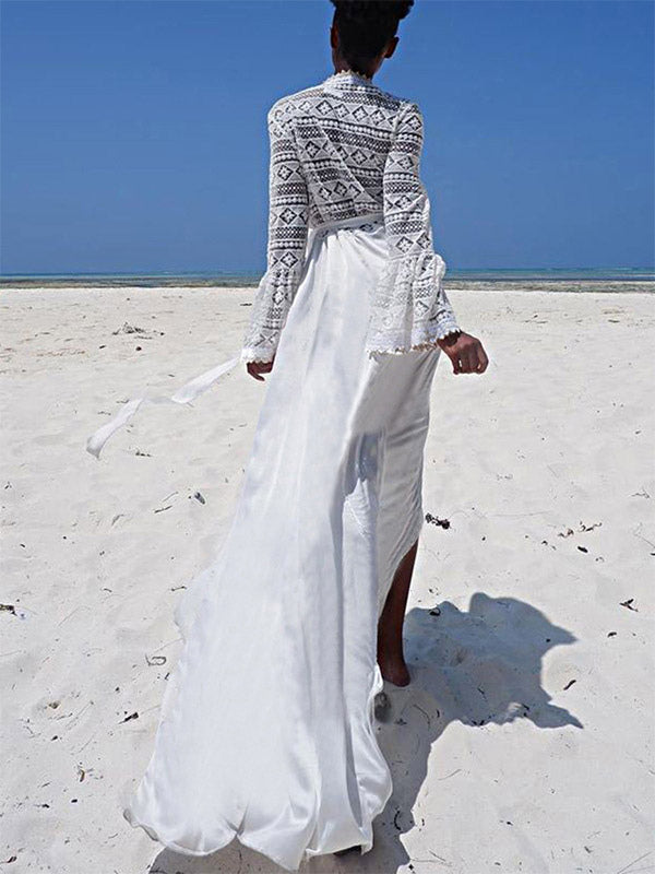 Cover Ups Ruffled Lace Cut Out Long Sleeves Athletic White Summer Beach Swimwear