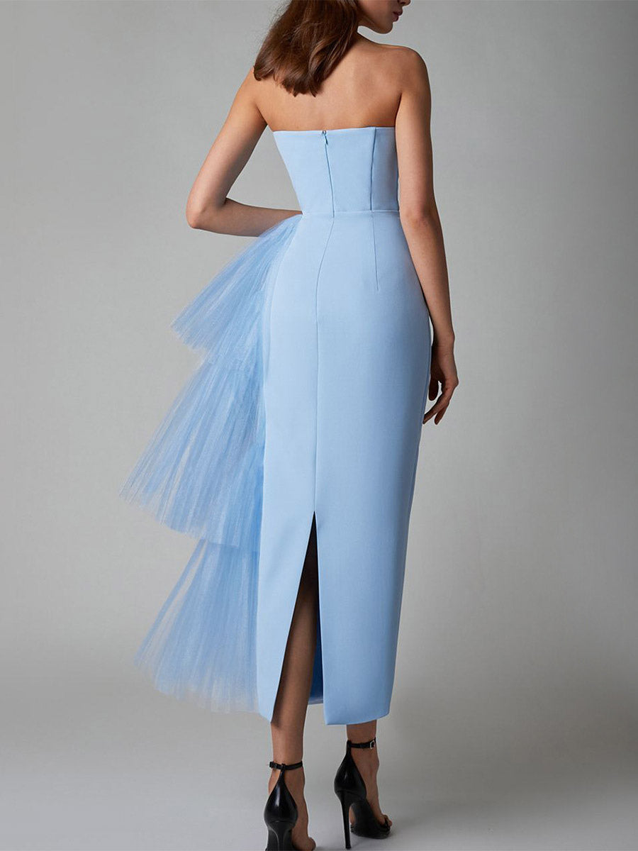Party Dress Maxi Blue Strapless Zipper Sleeveless Backless Elegant Semi Formal Dress