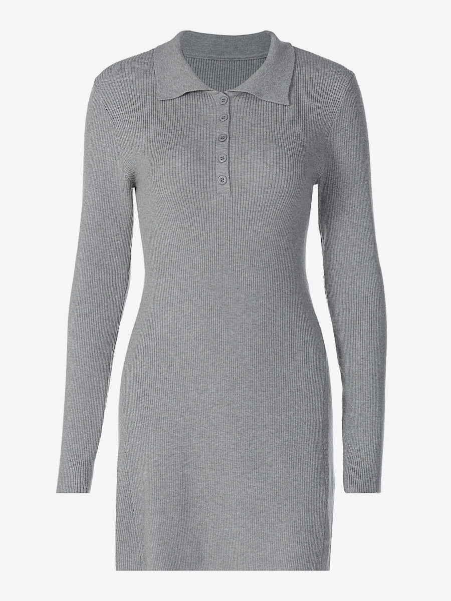 Date Night Dresses Mini Pleated Knitted Long Sleeves V-Neck Sweet Gray Dress