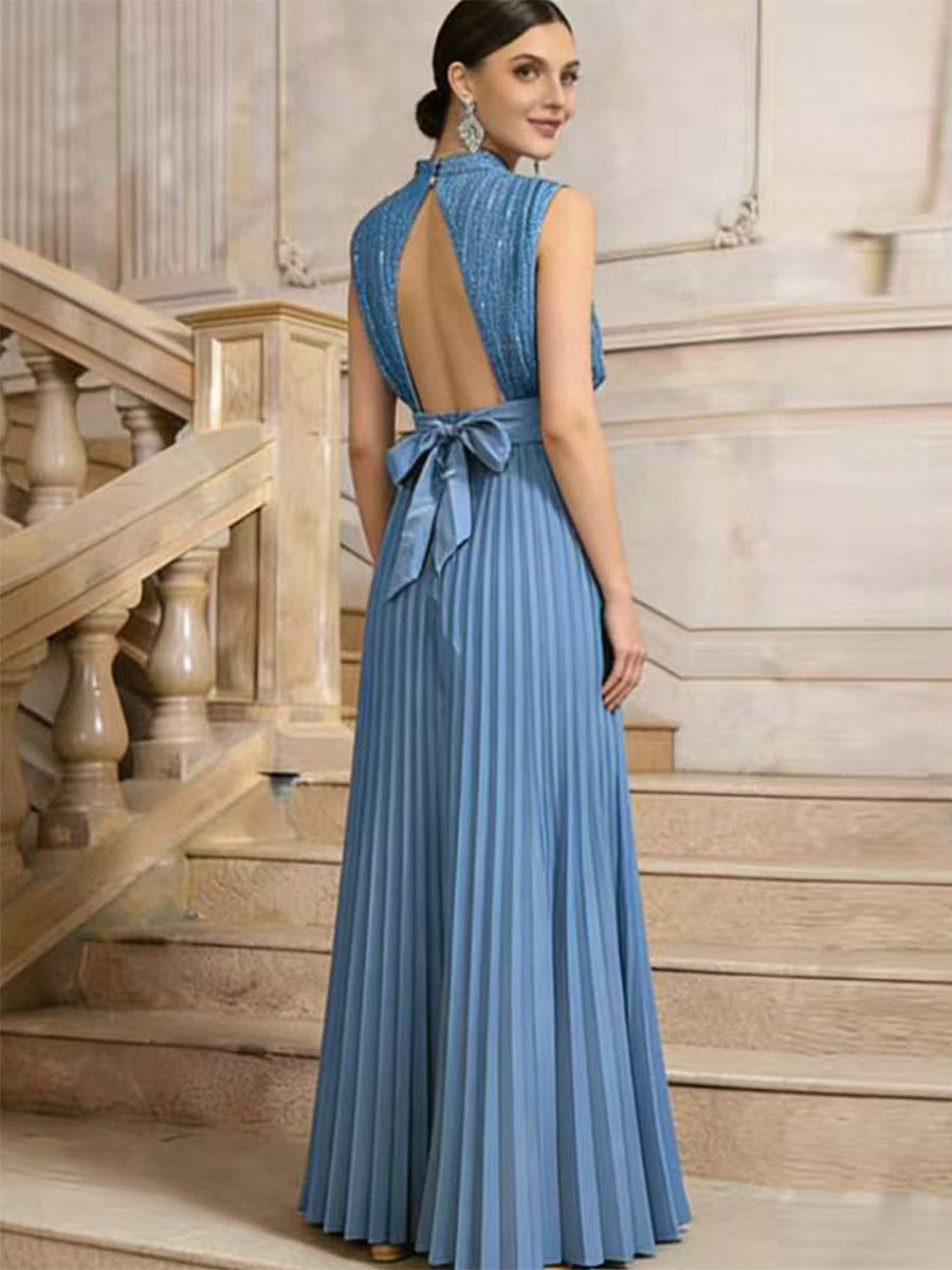 Party Dresses High Neck Sequin Sleeveless Back Bow Pleated Maxi Evening Gown