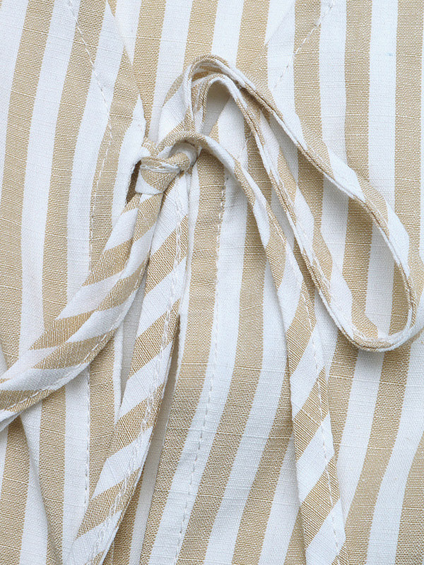 Women Striped Sleeveless V Neck Tie Front Vest Wide Leg Pants 2 Piece Linen Set