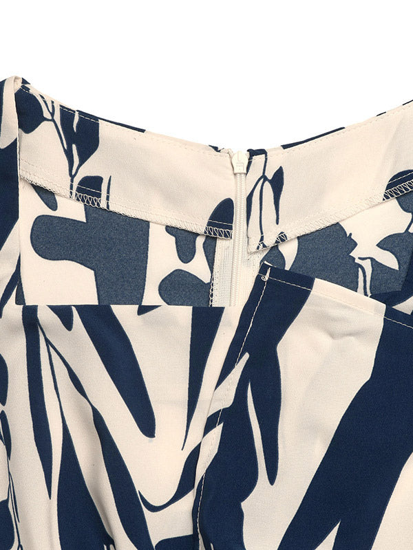 Vacation Sundress Dark Blue Block Floral Square Neck Sleeveless Flowy Boho Beach Summer Dress