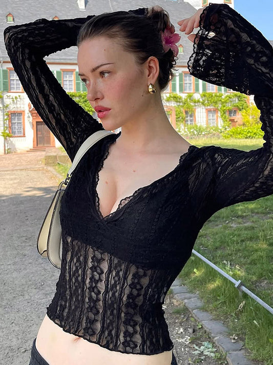 Deep V Scalloped Sheer Lace Flare Sleeve Slim Crop See Through Blouse