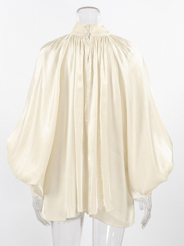 Cream Glossy Satin Mock Neck Gathered Top Balloon Sleeve Pearl Cuff Oversized Blouse