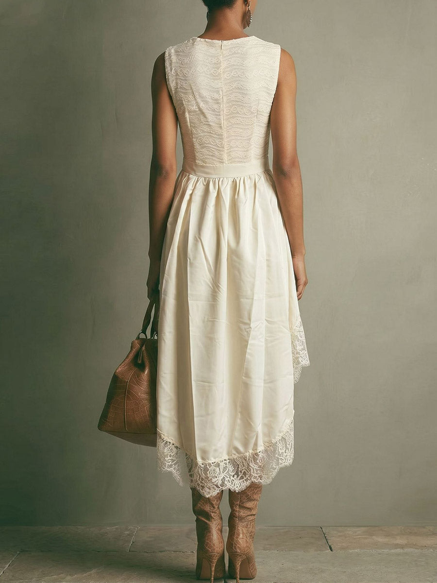 Date Night Dresses Midi High Low Bohemian Lace Sleeveless Jewel Neck Irregular Flowy White Dresses