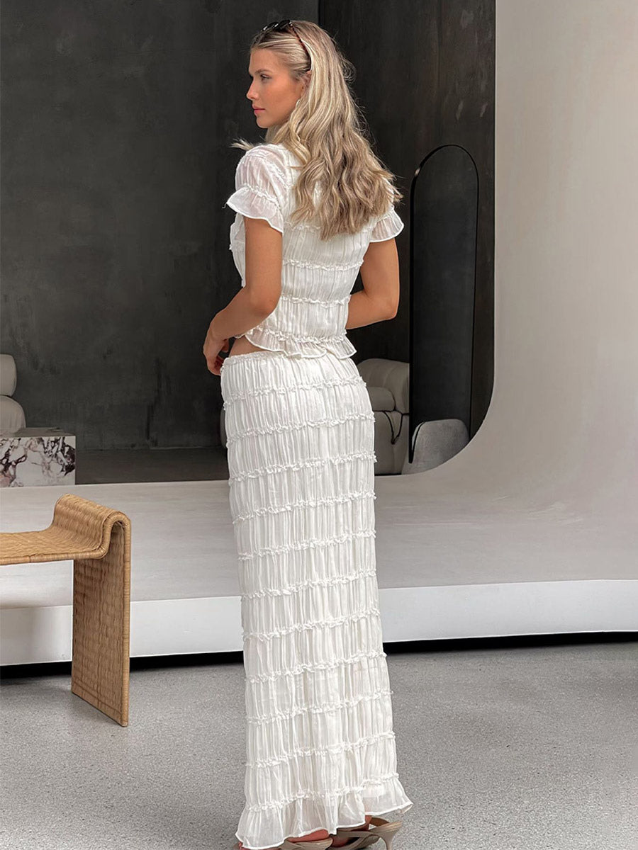 Ruffle Puff Sleeve Ruched Crop Top Mermaid Maxi Skirt Two Piece Set