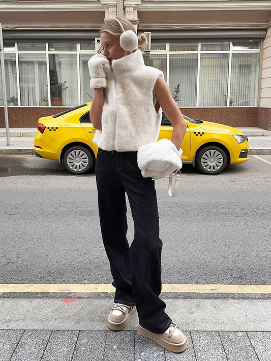 Cream White Two Tone Faux Fur Sleeveless Coat Full Zip High Neck Warm Vest