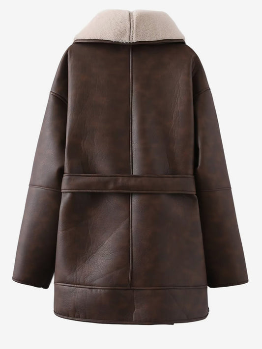 Retro Oversized Shearling Trim Leather Coat Belted Waist Plush Lining Cold Weather Jacket