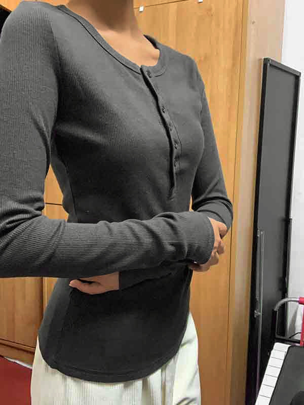 Solid Color Ribbed Button Slim Long Sleeve Knit