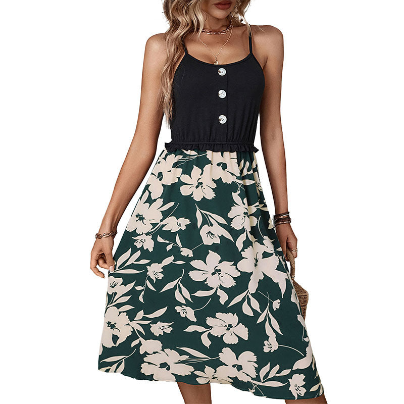 Dark Green Flower Printed Sleeveless Sling Maxi Dress