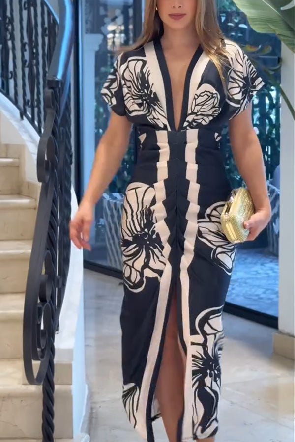 Brazilian Style Unique Print Dolman Long Sleeve Ruched Slit Midi Dress Vestidos