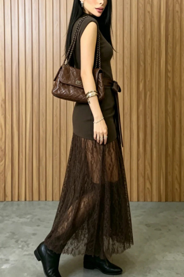 Stylish Sleeveless Spliced lace Hem Elegant Slim-fit Maxi Dress