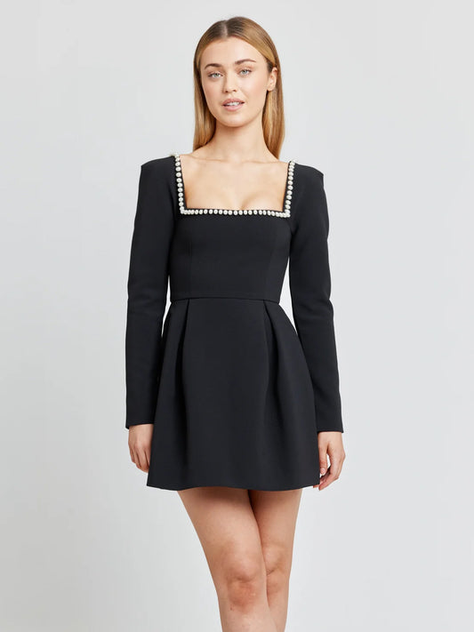 Black Mini Dress Sqaure Neck Long Sleeves Contrast Trim Graduation Dresses