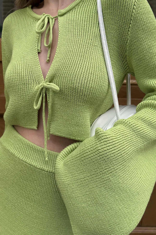 Tie-up Flare Sleeve Cardigan Knitted Skirt Set