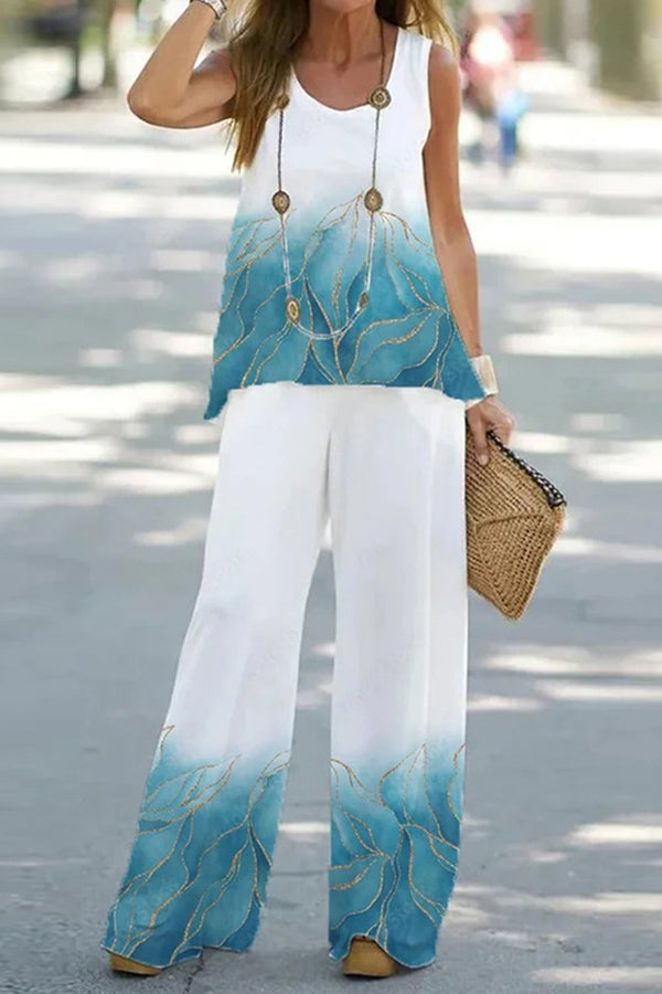 Casual Summer Sleeveless T-Shirt Trousers Two-Piece Set